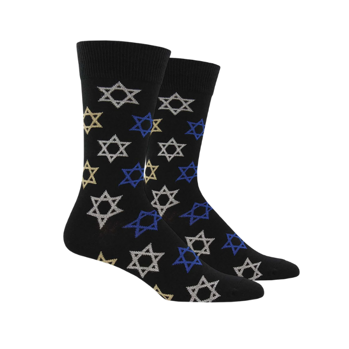 Men's Socksmith Star of David socks in black with multicolor star pattern. Cotton blend crew socks perfect for holiday celebrations and casual wear.