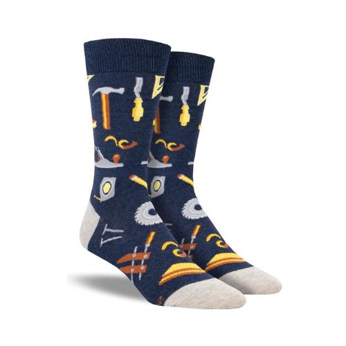 Navy socks with tool- theme including hammers, saws, and screwdrivers etc and grey toe and heel cap.
