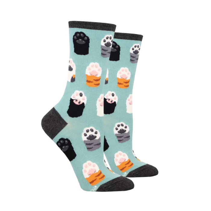 Socksmith Women's Toe Beans Socks featuring colorful cat paw prints on a light blue background with dark gray accents. Available at White-Balmer Shoes.