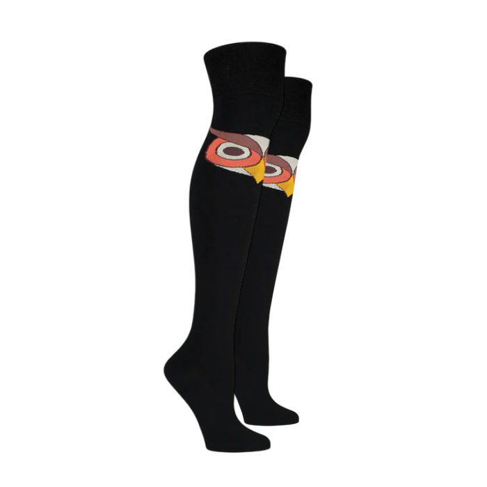 Black knee high socks with a colorful owl design near the top.