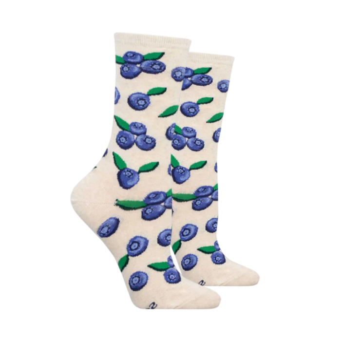 Ivory heather (off white) socks with blueberries on them