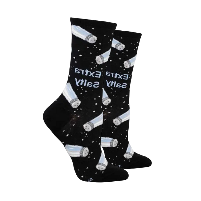 Black socks with salt shakers spilling salt and the words "extra salty"