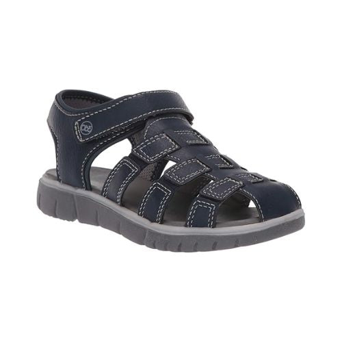 Navy fisherman sandal with grey outsole.
