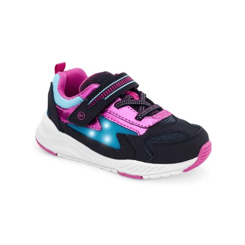 Black sneaker with pink accents and a blue Z shape on side. Sneaker has Velcro closure, faux laces and a white outsole.
