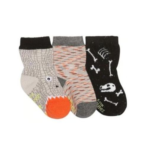 Three grey, black and orange dinosaur themed socks.