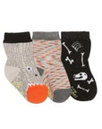 Three grey, black and orange dinosaur themed socks.