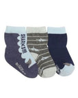 Three navy and grey shark themed socks
