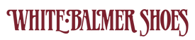 SEO-friendly alt text: Vintage-style maroon text logo readingWHITE BALMER SHOES" in a decorative serif font.