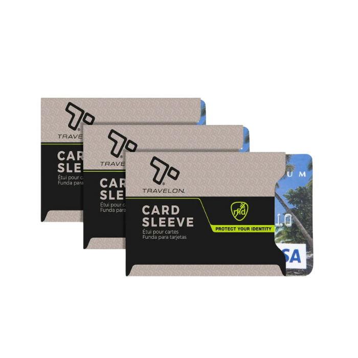 Travelon 3 RFID Blocking Sleeves in gray with black label, designed to protect credit cards from electronic theft. Ideal for travel wallets.