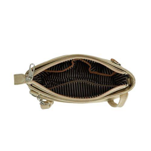 Interior view of the Heritage Anti-Theft Crossbody Bag showing striped lining and organized compartments for essentials and travel items.