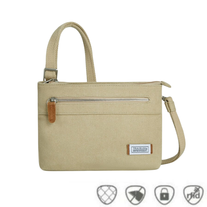 Heritage Anti-Theft Crossbody Bag in beige with RFID protection, lockable zipper, and slash-resistant strap for secure travel and daily use.