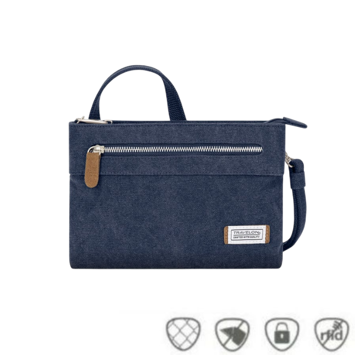 Heritage Anti-Theft Crossbody Bag in navy blue featuring RFID-blocking technology, lockable zippers, and anti-slash strap for secure outings.