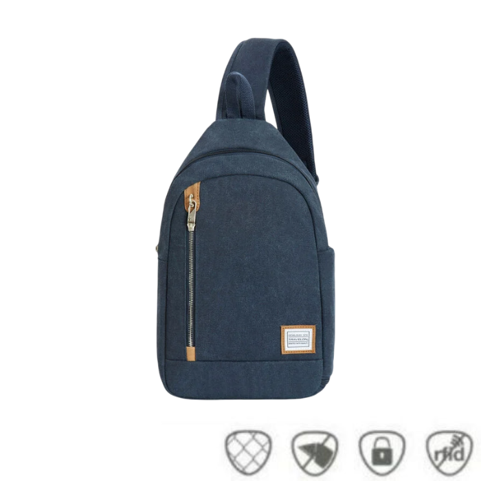 Travelon Anti-Theft Sling Bag in navy with RFID protection, locking zippers, and slash-resistant body, ideal for secure travel and daily use.