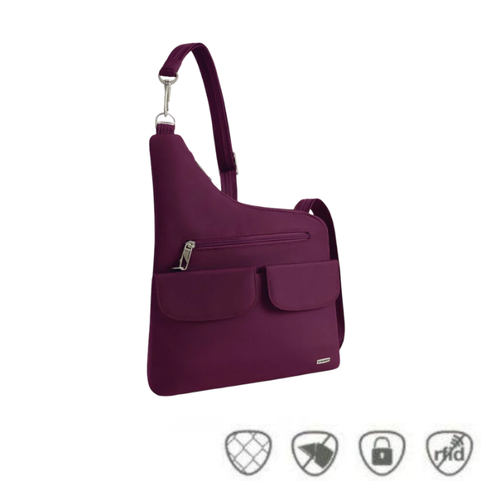 A burgundy nylon shoulder bag with multiple zippered pockets and a silver metal carabiner, shown against a plain white background with four small security icons at the bottom.