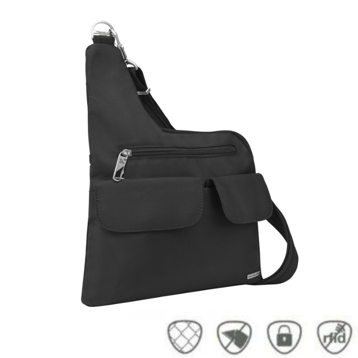 A black nylon shoulder bag with multiple zippered pockets and a silver metal carabiner, shown against a plain white background with four small security icons at the bottom.