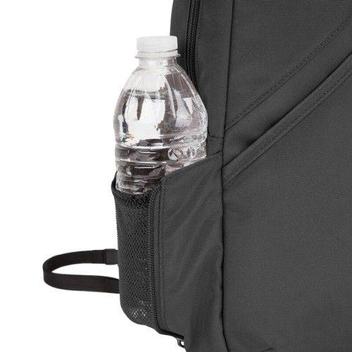 Close-up of Travelon Anti-Theft Classic Sling Bag&#39;s side pocket holding a water bottle, showcasing its practical storage design.
