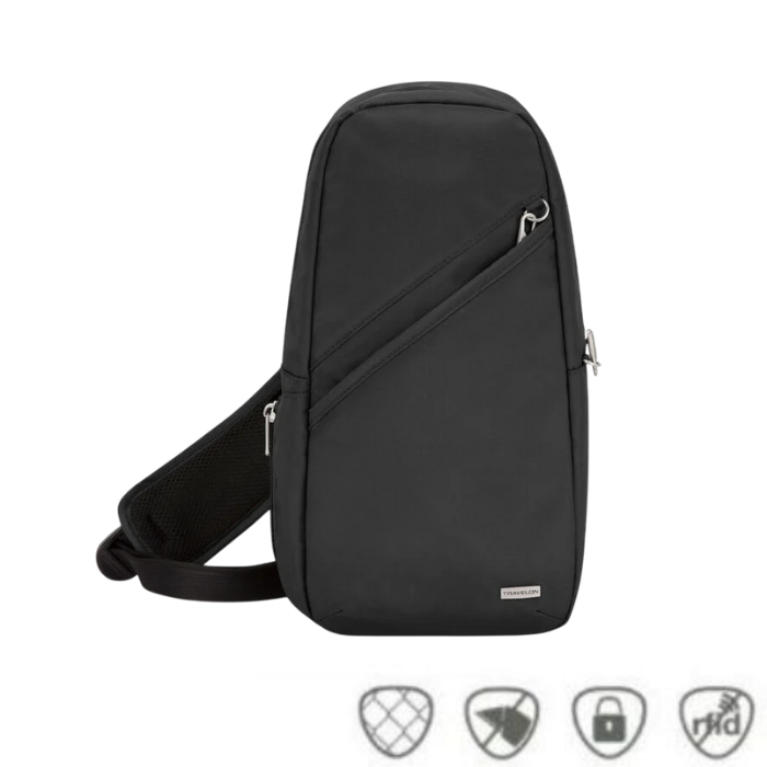 Travelon Anti-Theft Classic Sling Bag in black with secure zippers, compact design, and anti-theft features for travel and daily use.