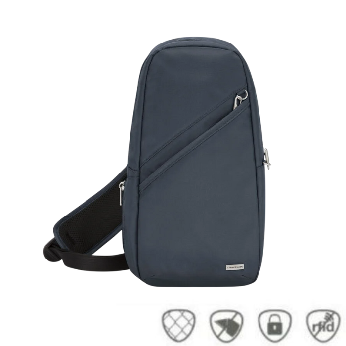 Travelon Anti-Theft Classic Sling Bag in navy blue with secure zippers, anti-theft features, and a sleek design for travel or daily use.