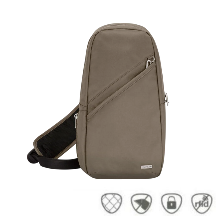 Travelon Anti-Theft Classic Sling Bag in taupe with secure zippers, anti-theft features, and a stylish compact design for versatile use.