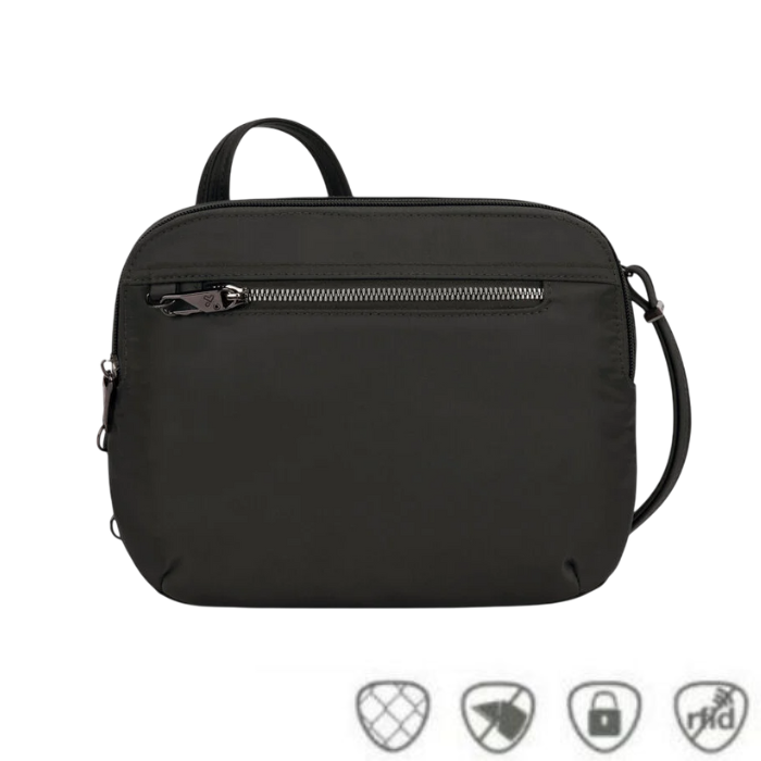 Black organizer bag with side zipper and strap showing the 5 anti-theft feature icons