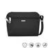 Small black crossbody bag with silver Travelon logo in center below full length zipper.