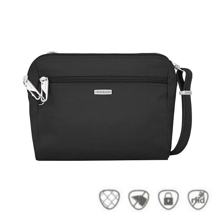 Small black crossbody bag with silver Travelon logo in center below full length zipper.