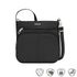 Black Travelon crossbody bag with multiple zippered compartments and an adjustable strap, shown with icons for anti-theft, cut-resistant, locking zippers, and RFID protection.