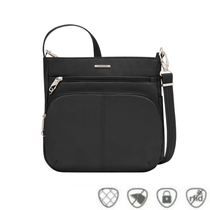 Black Travelon crossbody bag with multiple zippered compartments and an adjustable strap, shown with icons for anti-theft, cut-resistant, locking zippers, and RFID protection.