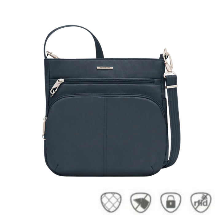 Blue Travelon crossbody bag with multiple zippered compartments and an adjustable strap, shown with icons for anti-theft, cut-resistant, locking zippers, and RFID protection.