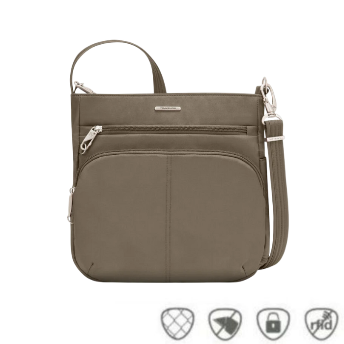 Nutmeg-colored Travelon crossbody bag with multiple zippered compartments and an adjustable strap, shown with icons for anti-theft, cut-resistant, locking zippers, and RFID protection.