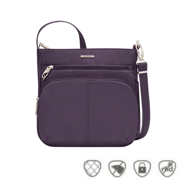 Purple Travelon crossbody bag with multiple zippered compartments and an adjustable strap, shown with icons for anti-theft, cut-resistant, locking zippers, and RFID protection.