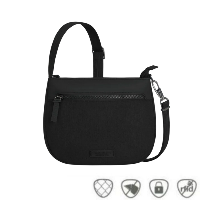 Travelon Anti-Theft Crossbody Bag in black with front zipper, RFID protection, and anti-slash strap for travel safety.