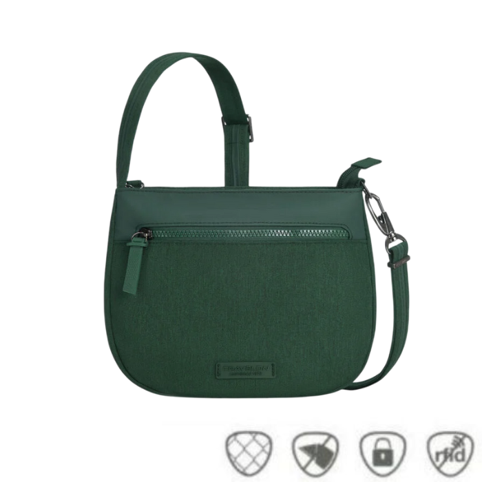 Green Travelon Anti-Theft Crossbody Bag featuring RFID-blocking technology and slash-resistant construction for travel security.