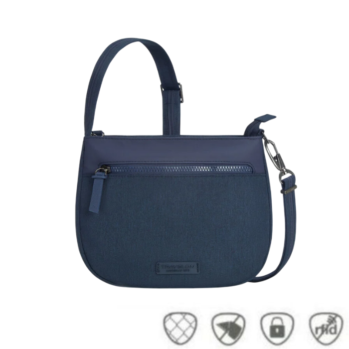 Travelon Anti-Theft Crossbody Bag in navy with front zipper pocket, RFID protection, and slash-resistant strap for secure travel.