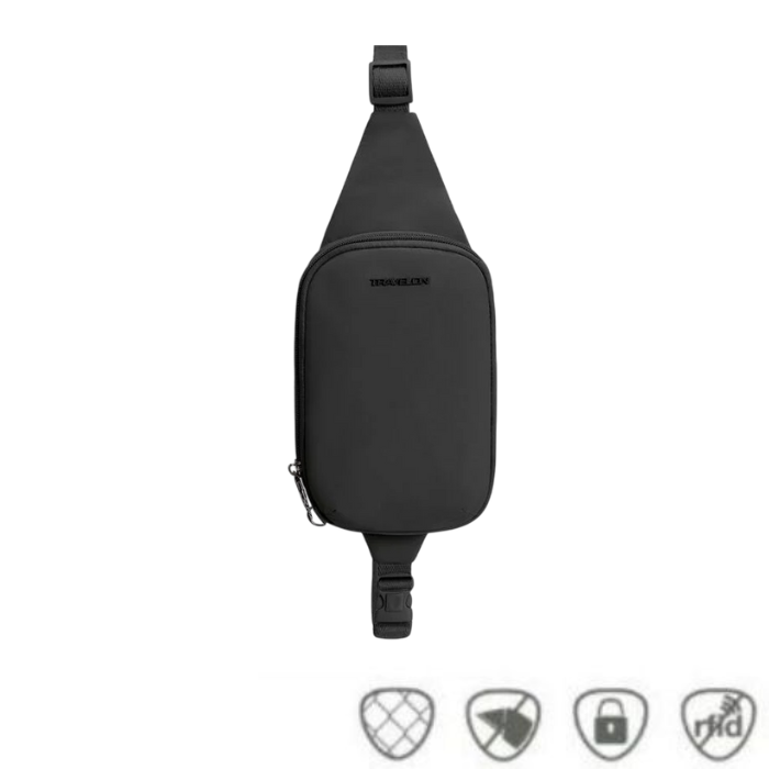 Travelon Anti-Theft Roam Compact Sling in black with anti-theft features like RFID protection and slash-resistant body.