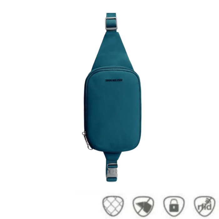 Travelon Anti-Theft Roam Compact Sling in teal blue with security icons highlighting RFID protection and locking zippers.