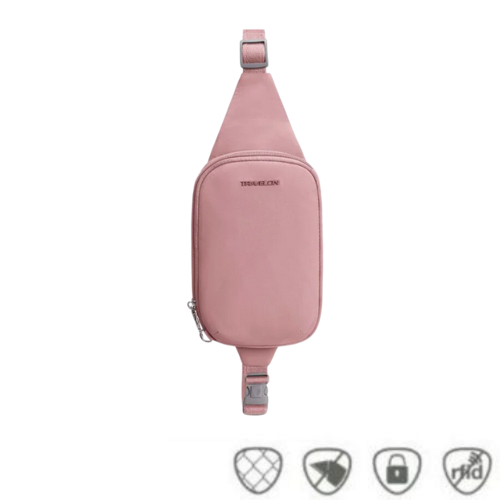 Travelon Anti-Theft Roam Compact Sling in blush pink with RFID protection, lockable zippers, and slash-resistant body from White-Balmer Shoes.