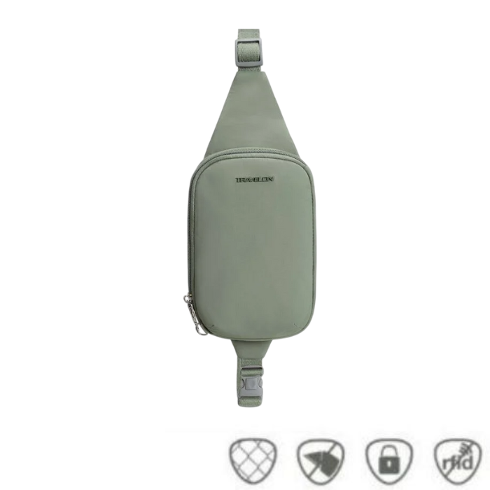 Travelon Anti-Theft Roam Compact Sling in sage green with anti-theft features including RFID blocking and cut-resistant strap.