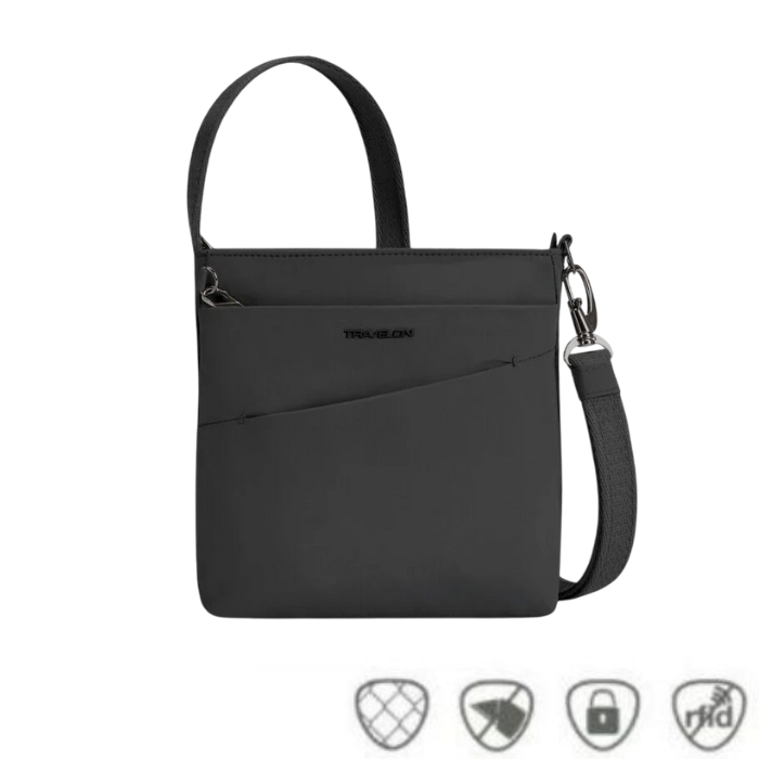 Black Travelon Anti-Theft Roam Small Crossbody Bag with anti-theft icons, designed for secure travel and everyday use.