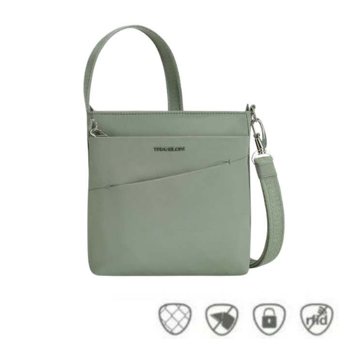 Green Travelon Anti-Theft Roam Small Crossbody Bag with anti-theft icons, ideal for travel with secure and compact design.