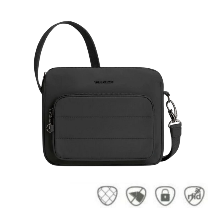 Black Travelon Anti-Theft Roam E/W Crossbody Bag with front zip pocket and anti-theft features, perfect for secure everyday use.