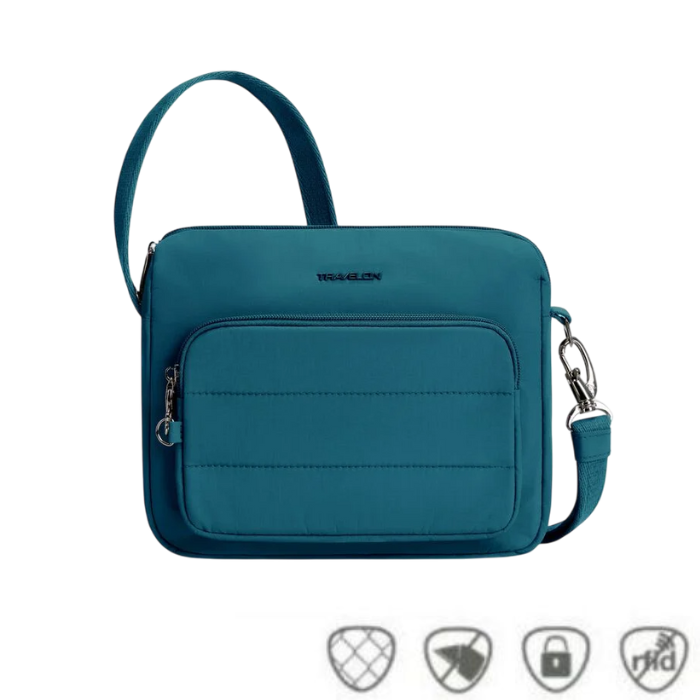 Teal Travelon Anti-Theft Roam E/W Crossbody Bag with secure front pocket and anti-theft icons, ideal for stylish and safe travel.