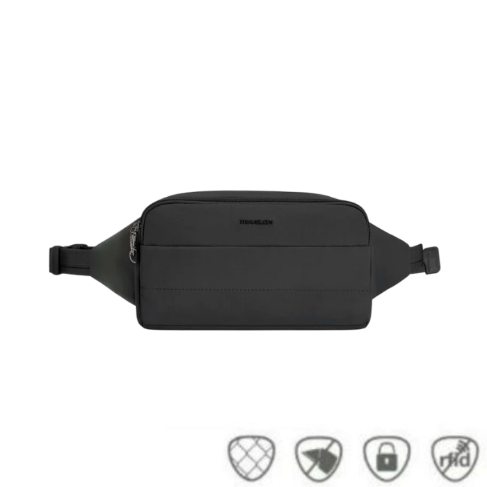Travelon Anti-Theft Roam Belt Bag in black with front zip pocket and adjustable strap, ideal for travel security and hands-free convenience.