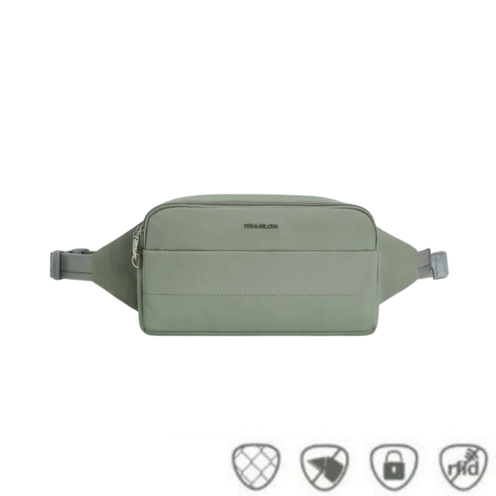 Travelon Anti-Theft Roam Belt Bag in sage green with front zip pocket and anti-theft icons, perfect for stylish and secure travel use.
