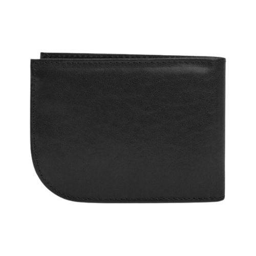 Back view of Travelon RFID blocking compact wallet in sleek black leather, designed for safety and front pocket convenience.