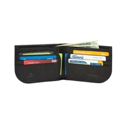 Interior view of Travelon RFID blocking wallet showing six card slots and two currency pockets, ideal for organized and secure travel.