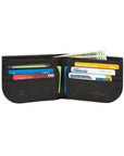 Interior view of Travelon RFID blocking wallet showing six card slots and two currency pockets, ideal for organized and secure travel.