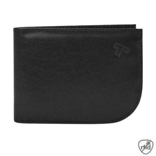 Travelon RFID blocking compact wallet in black genuine leather with curved corner design for front pocket fit and secure travel use.