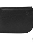 Travelon RFID blocking compact wallet in black genuine leather with curved corner design for front pocket fit and secure travel use.