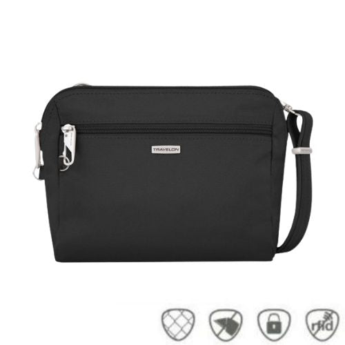 Small black crossbody bag with silver Travelon logo in center below full length zipper.